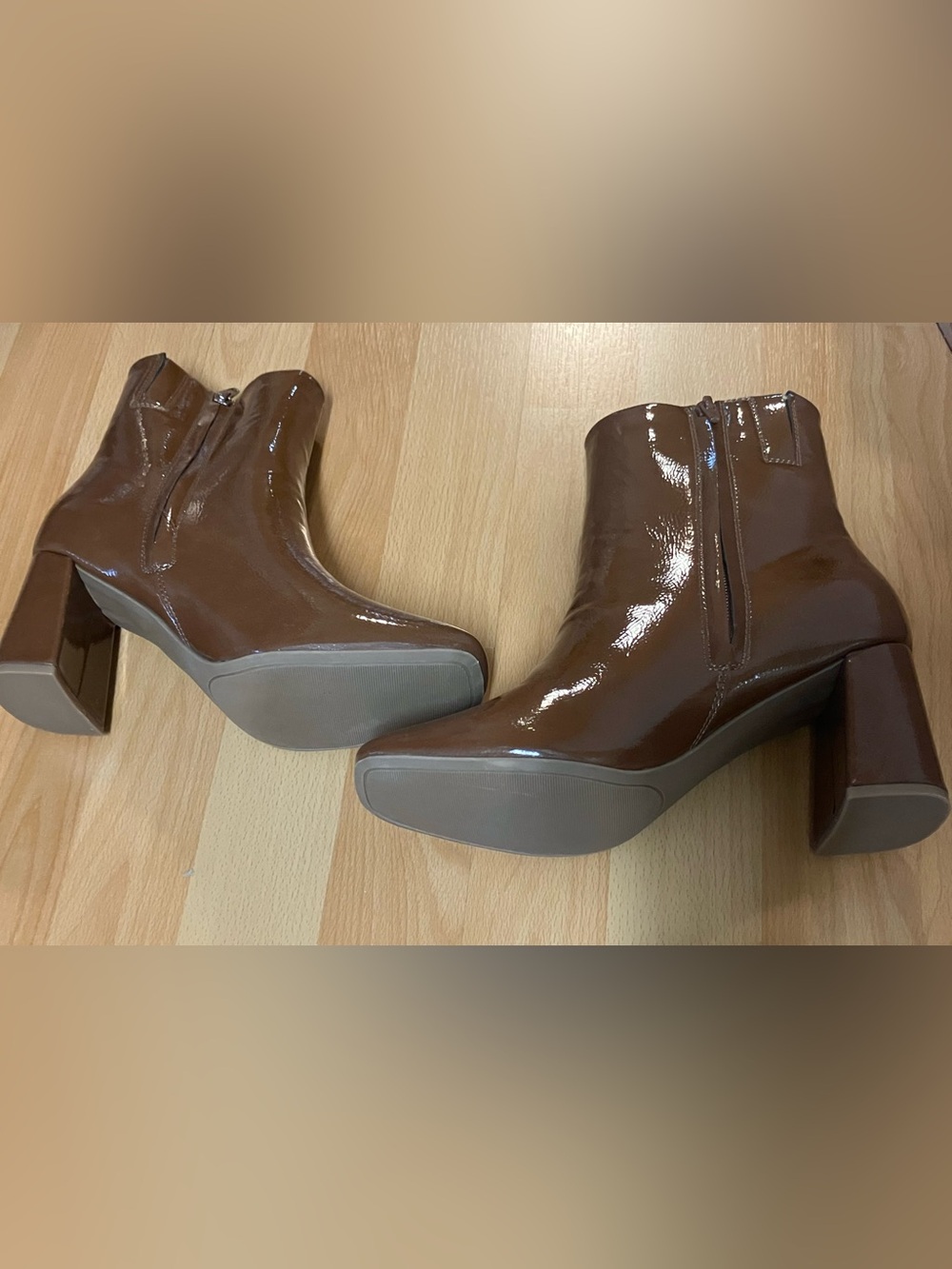 Brown Patent Ankle Booties with Block Heel from Sugar/NIB: Size 7.5